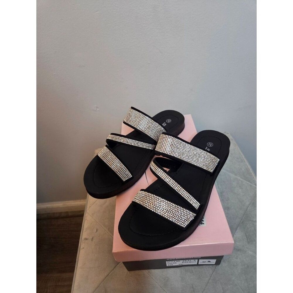 Soda Black Zeal-S Slide Sandals with Sparkling Crystal Straps, Size 7.5, NIB